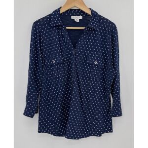 Liz Claiborne Women's Cotton Blend Blue Shirt Roll Tab Sleeve Button Blouse PXL